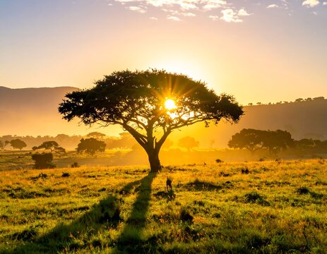 Silhouette of solitary tree at sunrise in misty savannah with golden light and warm glow