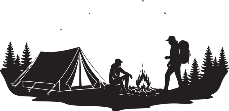Black silhouette of two campers by a tent and campfire people