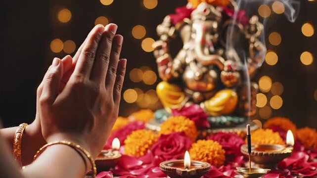 Worshipper Praying with Folded Hands in Front of Lord Ganesha Statue on Diwali Festival