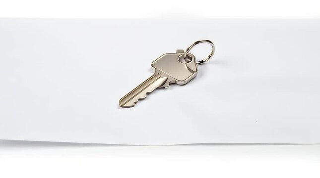 Close-up of a hand slowly placing a single metal key with a ring on a plain white paper surface against a seamless background.