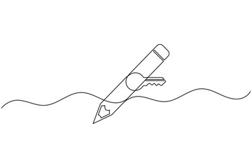 Obraz premium Pencil with key continuous one line drawing minimal creative sketch vector illustration
