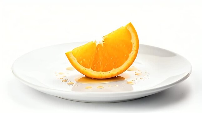 Close-up of a hand slowly placing a fresh juicy orange slice on a white ceramic plate against a seamless white background.