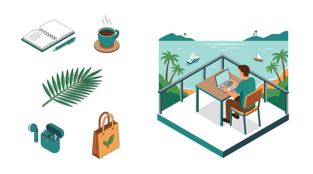 Isometric vector set of a remote worker on a balcony with sea view, palm trees, and sailboats, including lifestyle icons like a notebook, coffee cup, tropical leaf, and wireless earbuds.