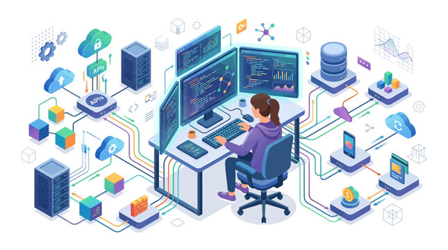 Isometric vector illustration of a female software developer working at a multi-monitor desk, featuring cloud computing, API integration, server management, and big data analytics.