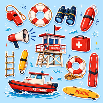 A vibrant collection of cartoon-style lifeguard and beach rescue equipment stickers, including a tower, boat, and safety gear.