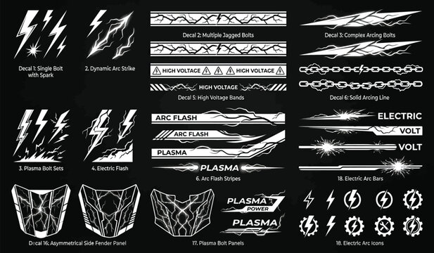 Lightning bolt electric flash decals bundle black and white flat vector automotive vinyl stickers set high voltage graphics for cars