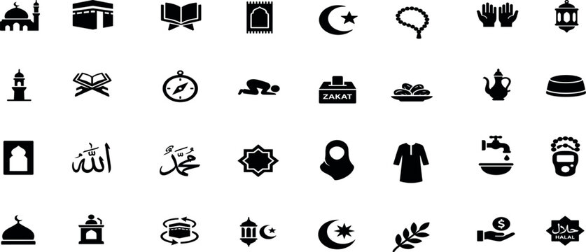
Islamic Icon Set with Muslim Symbols for Mosque, Quran, Prayer, Ramadan, and Halal Religious Designs