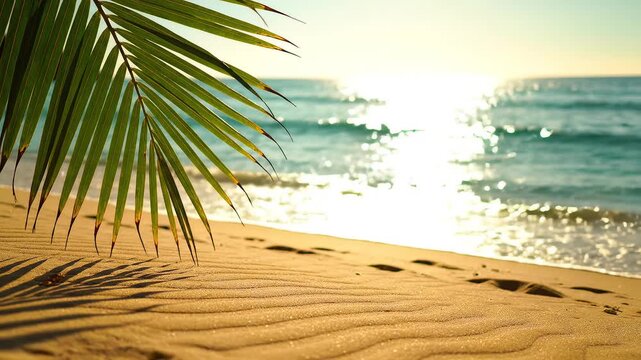 Palm leaf on sandy beach with ocean emphasizing the majestic scale of the natural world