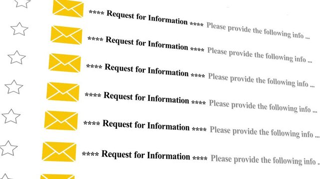 Request for information email notifications background, with animated yellow, envelope and stars message