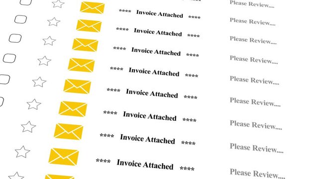 Digital invoice notification list with email and review requests scrolling motion billing payment