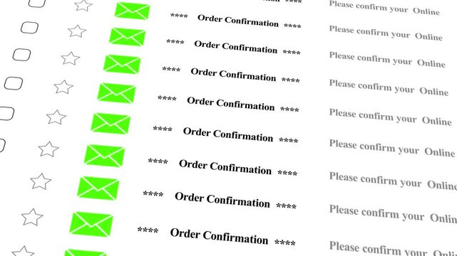 Digital order confirmation list with green email and online verification notifications