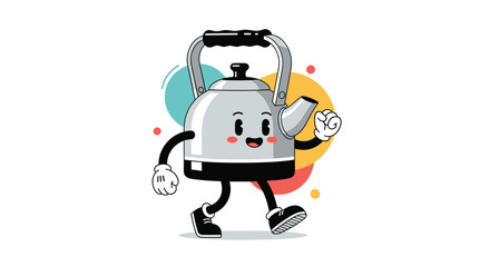 Fototapeta premium Cute cartoon silver kettle character walking with a happy face and arms in a playful kitchen themed illustration.