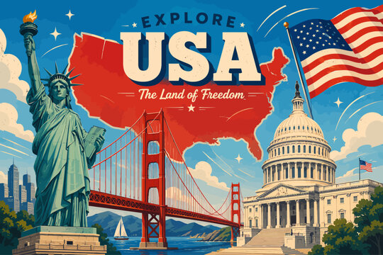 Vibrant travel poster showcasing iconic American landmarks like the Statue of Liberty, Golden Gate Bridge, and US Capitol, with a map of the USA.