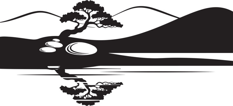 Black silhouette landscape with tree and mountains