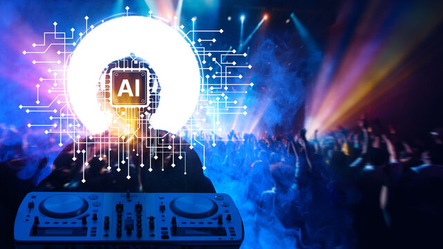 Music technology, AI entertainment. DJ performs at nightclub with artificial intelligence interface, digital mixing and live show visuals.