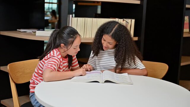 Diverse Pupil Friend Discuss Literature Lesson During Academic Study At Library
