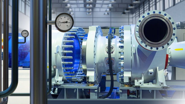 Industrial engineering, Pipeline manufacturing. Heavy pipe assembly with flanges and gauges is installed and tested at production facility.