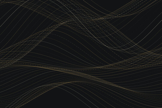 Intertwining dashed golden waves on dark background, abstract dashed line