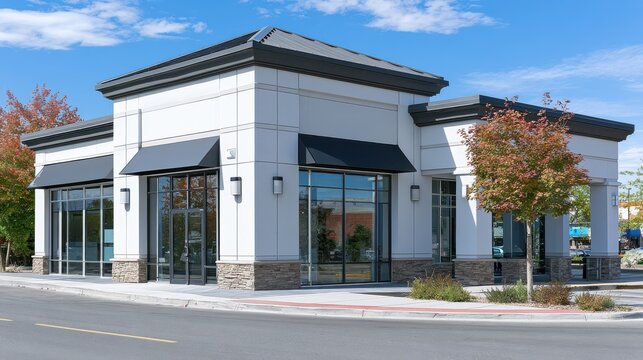 A commercial building featuring a drive-through service suitable for banking or pharmacy operations, highlighting convenience and modern retail architecture.