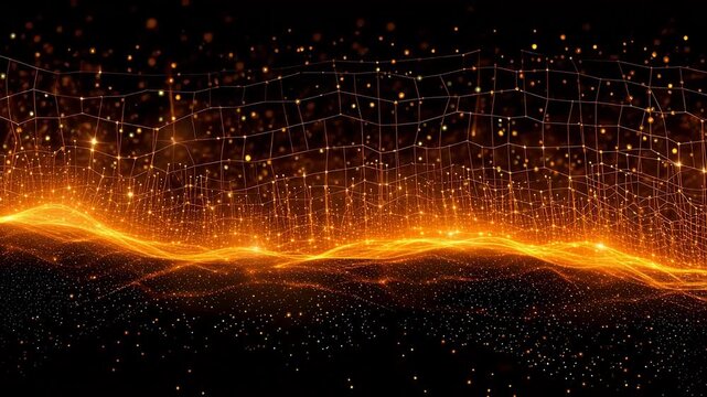 Digital golden perspective glowing linear abstract background