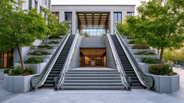 Modern commercial building featuring outdoor escalators and terraced entrance, showcasing contemporary architecture and urban design elements in a bustling environment.