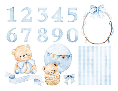 Watercolor Illustration Set of Number, Teddy Bears, and Cute Nursery Elements for Baby Milestone Cards