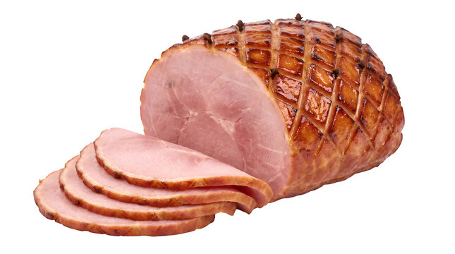 Glazed ham with slices cut off showing pink interior meat