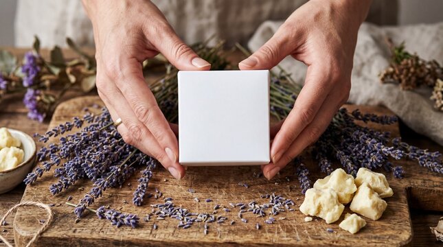Close up of hands holding a blank square white cosmetic soap box mockup, surrounded by dried lavender and raw shea butter chunks on a wooden board, organic bath product branding.