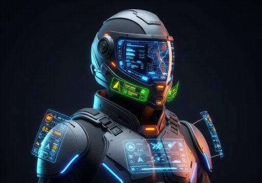 Advanced protective suit and helmet featuring glowing holographic navigation signs and digital interface screens for specialized deliveries, virtual, screen, hologram