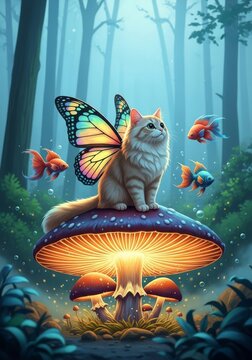 Fluffy cat with iridescent butterfly wings sits on a massive glowing mushroom in a misty forest where colorful tropical fish fly through air, fog, garden, dream