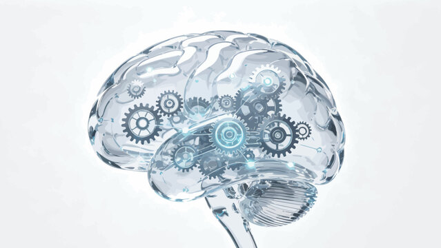 Transparent Glass Human Brain Filled With Interlocking Gears and Glowing Cyan Circuitry, Symbolizing Cognitive Logic, Critical Thinking and Artificial Intelligence