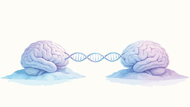 Soft Watercolor Illustration of Two Human Brains Connected by a DNA Double Helix, Representing Neurological Heredity and Shared Cognitive Traits