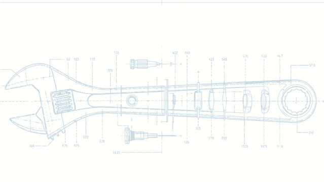 Technical engineering blueprint line art of a combination adjustable ratchet wrench, with dimension callouts and inset fastener component detail views