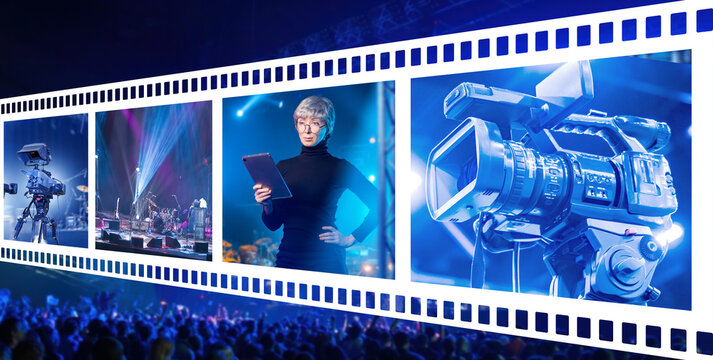 Video production, Live event broadcasting. Concert footage, camera operation and stage management are combined in entertainment media workflow.