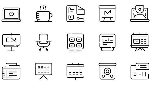 Set of line icons for business office work and communication on white background