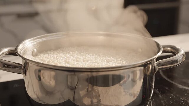 Rice cooking in pot on stove for appetizing food commercials and menu design