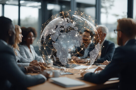 Business people in a meeting with a digital globe and world network connections floating above.