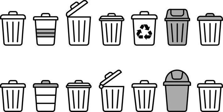 Trash bin and recycling container icon collection featuring waste management garbage disposal and environmental sanitation vector symbols set