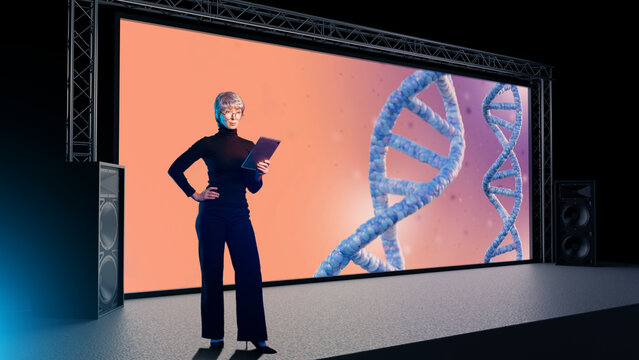 Scientific presentation, Genetics conference. Researcher gives lecture on DNA analysis and molecular biology on stage during science event.