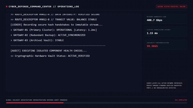 Cyber Defense Command Center Terminal Displaying Advanced Infrastructure Boundary Defense Operations Log and Network Bandwidth Load.