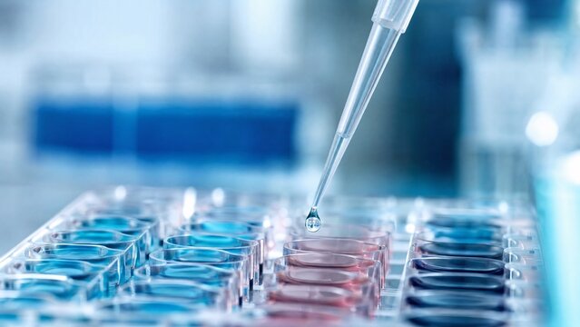 Lab technician performs experiment using pipette on sample trays in a biotechnology laboratory during daytime
