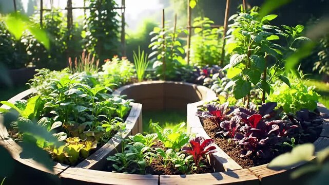 Lush circular garden plot with vegetables and a central sunken area in soft sunlight