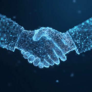 Futuristic digital handshake of glowing blue network lines and dots, symbolizing technology partnership and business agreement.