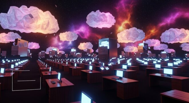 Infinite rows of office desks and floating filing cabinets stretch across a dark cosmic void under a sky filled with glowing paper clouds, clouds, business, mystery