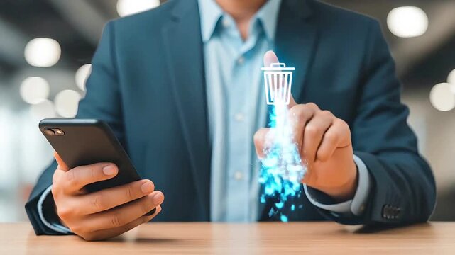 Business in suit using smartphone and digital fingerprint security authentication for modern