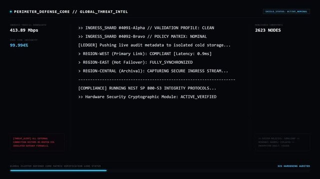 Perimeter Defense Core Screen Displaying Global Threat Intel Architecture Compliance Protocols and Real Time Ingress Stream Status.