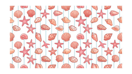 Diverse tropical beach sea shell seamless pattern. Summer marine animal background design. Vacation travel concept. Ocean snail collection flat cartoon backdrop illustration.  © Md