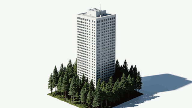 Isometric 3D architectural render of a tall modern concrete skyscraper emerging from dense evergreen pine forest, set against a plain white background with long soft cast shadow