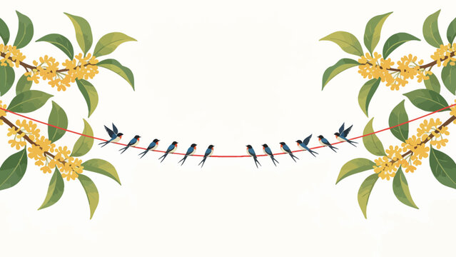 Symmetric Minimal Flat Illustration of Twelve Blue Swallows Perched and Taking Flight on Red String Framed by Yellow Flowering Osmanthus Branches