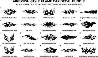 Airbrush style flame car decal bundle black and white flat vector automotive vinyl print ready stickers tribal hot rod graphics set © ΠISH4N I5L4M